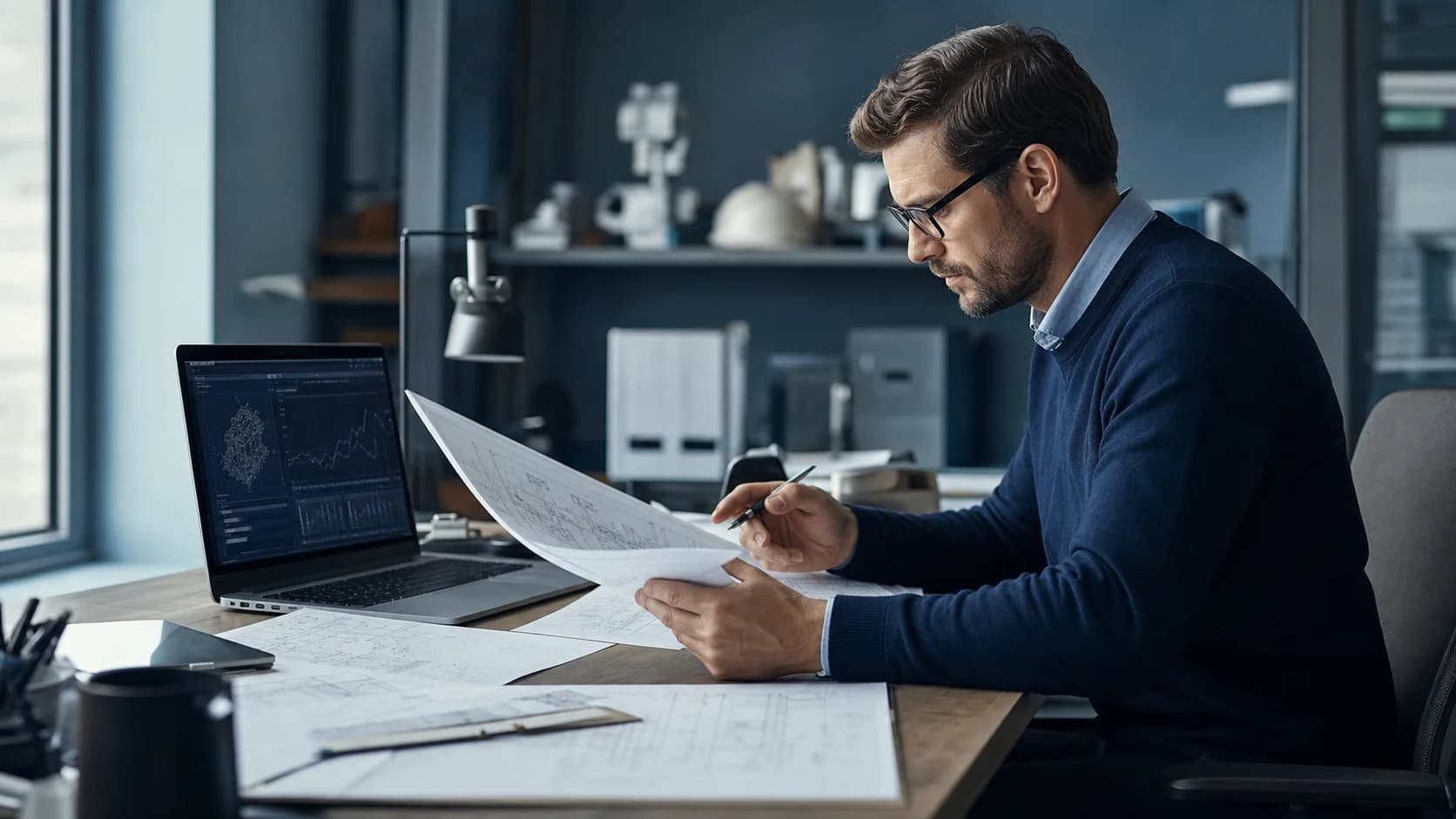 Engineering analyst reviewing technical reports and schematics at a desk with a laptop showing technical charts.